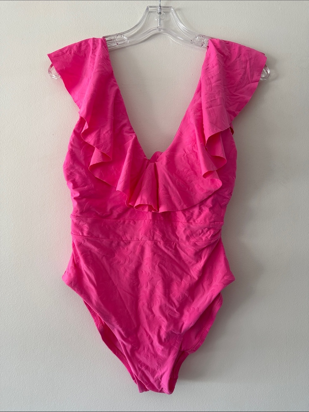 Trina Turk Pink Palm Jacquard Ruffle One Piece Swimsuit Size 6 Tie Back V-Neck
